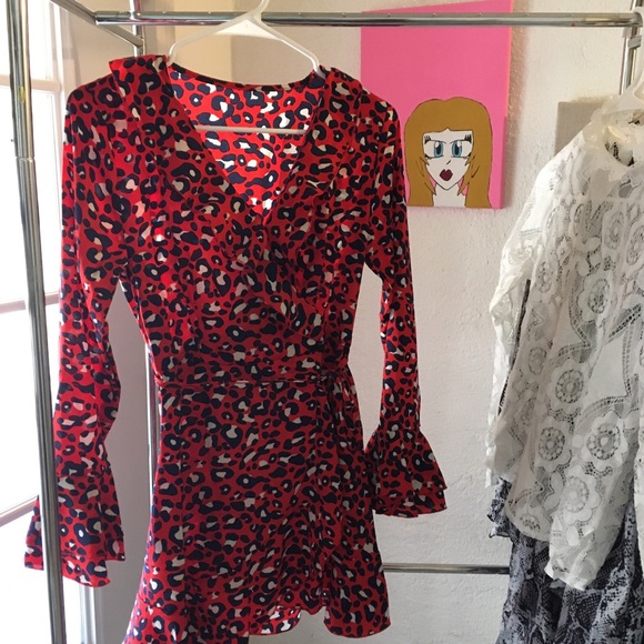 Red Wrap Mini Dress  Red Leopard Print Wrap Dress - Picture 3 of 8